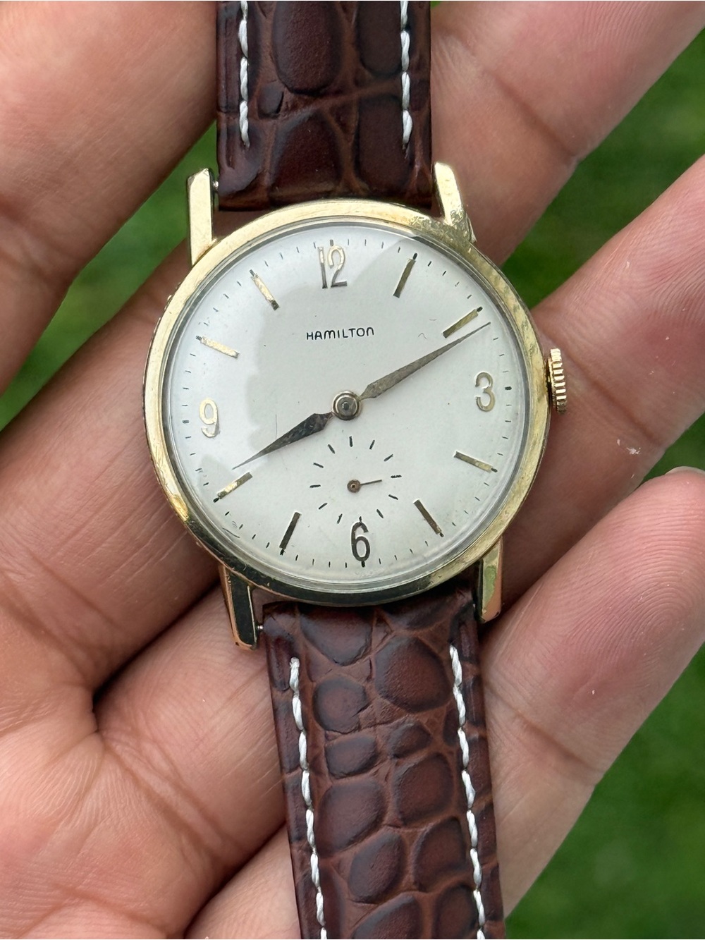 Hamilton Vintage 10k Gold winding mens Watch with Brown Leather Strap